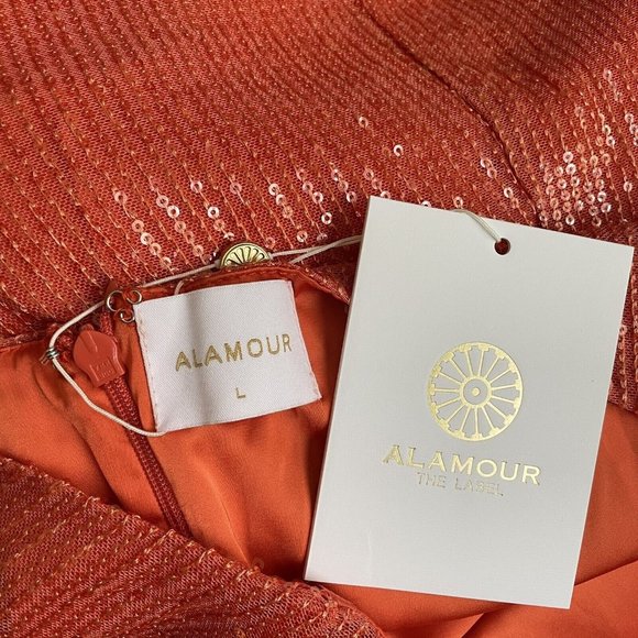 ALAMOUR THE LABEL Dress L NWT Dilara Orange Sequin Cutout Off Shoulder Midi - Picture 5 of 8